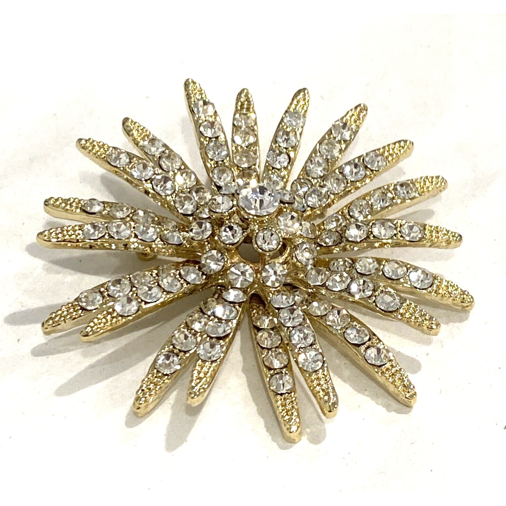 Statement Brooch gold tone starburst splash white rhinestones vintage retro pin